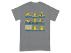 Yellow Labrador dogs playing tennis on a blue court in nine panels.