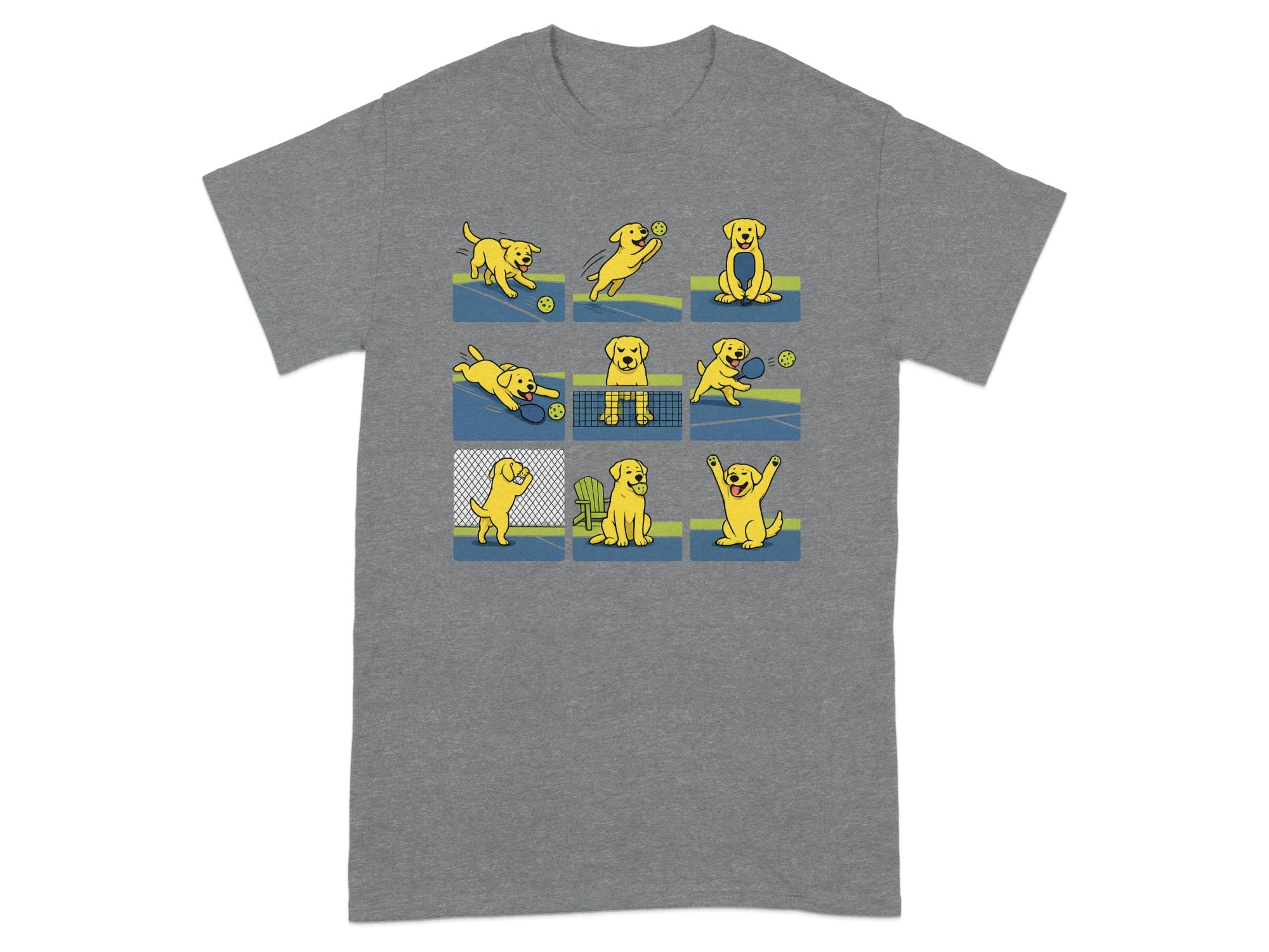Yellow Labrador dogs playing tennis on a blue court in nine panels.