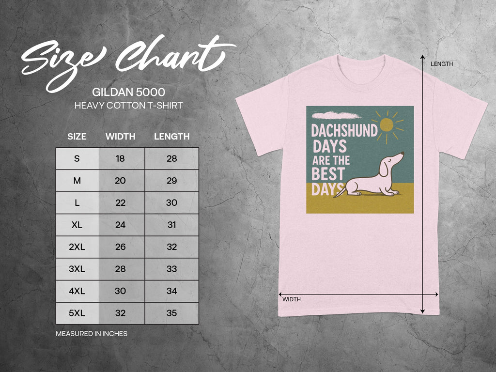 Gildan 5000 t-shirt size chart with dachshund graphic.