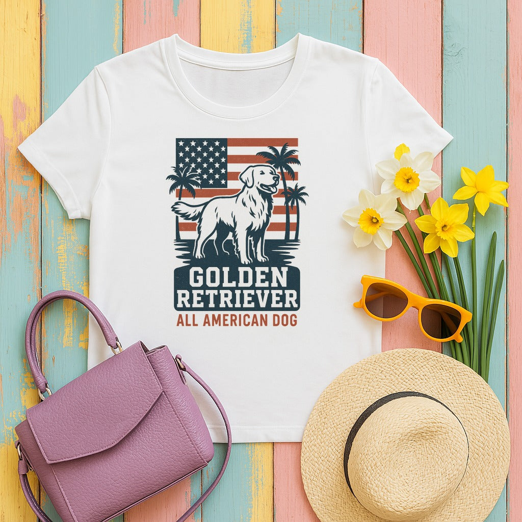 Golden Retriever All American Dog with Flag and Palms T-Shirt in White