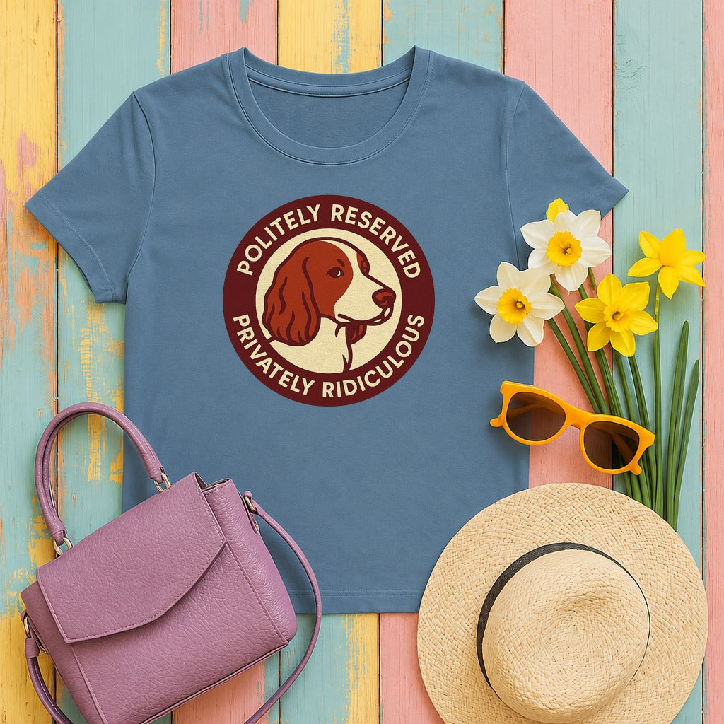 Welsh Springer Spaniel Politely Reserved Badge T-shirt in Steel Blue