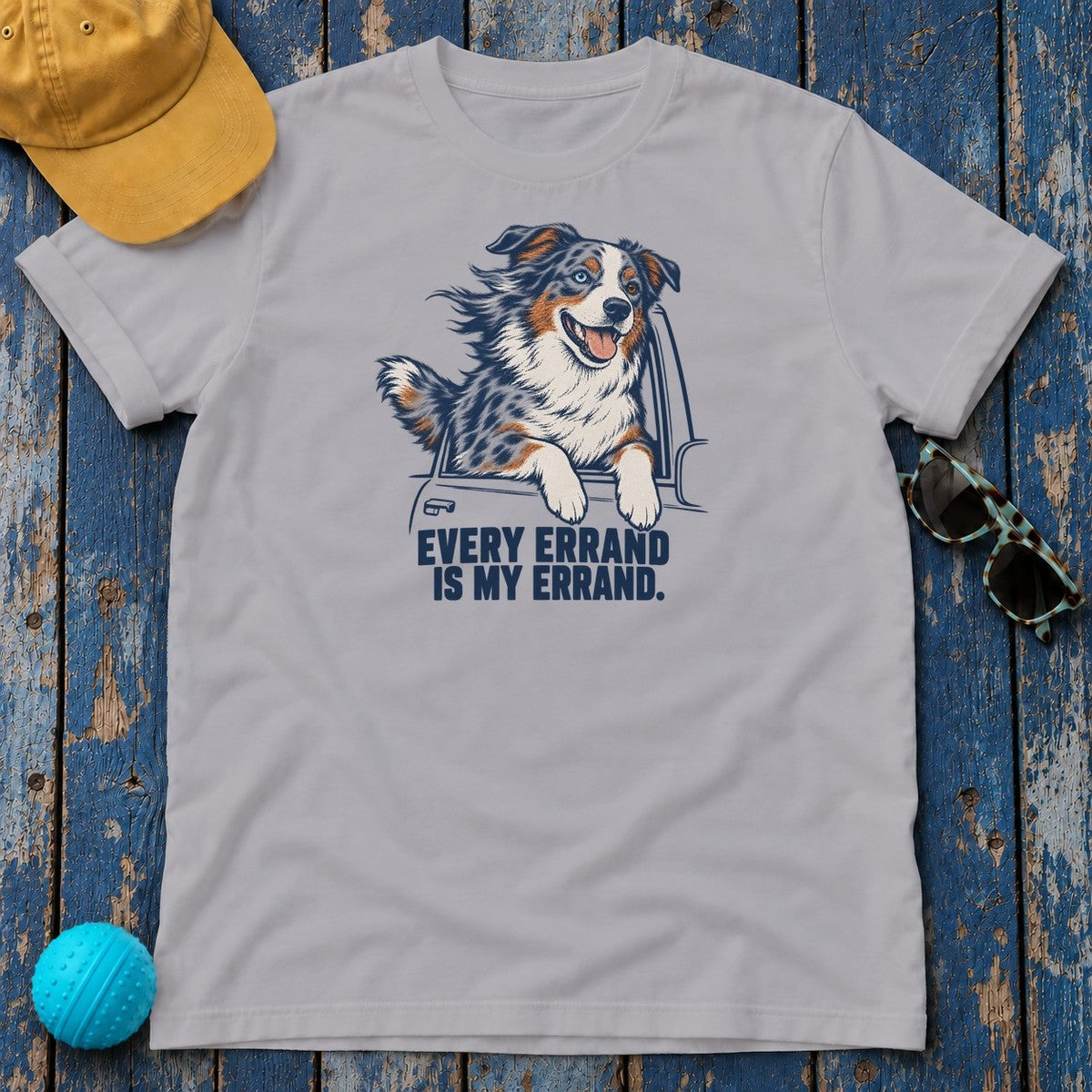 Every Errand Is My Errand Aussie T-Shirt in Athletic Heather - flat lay