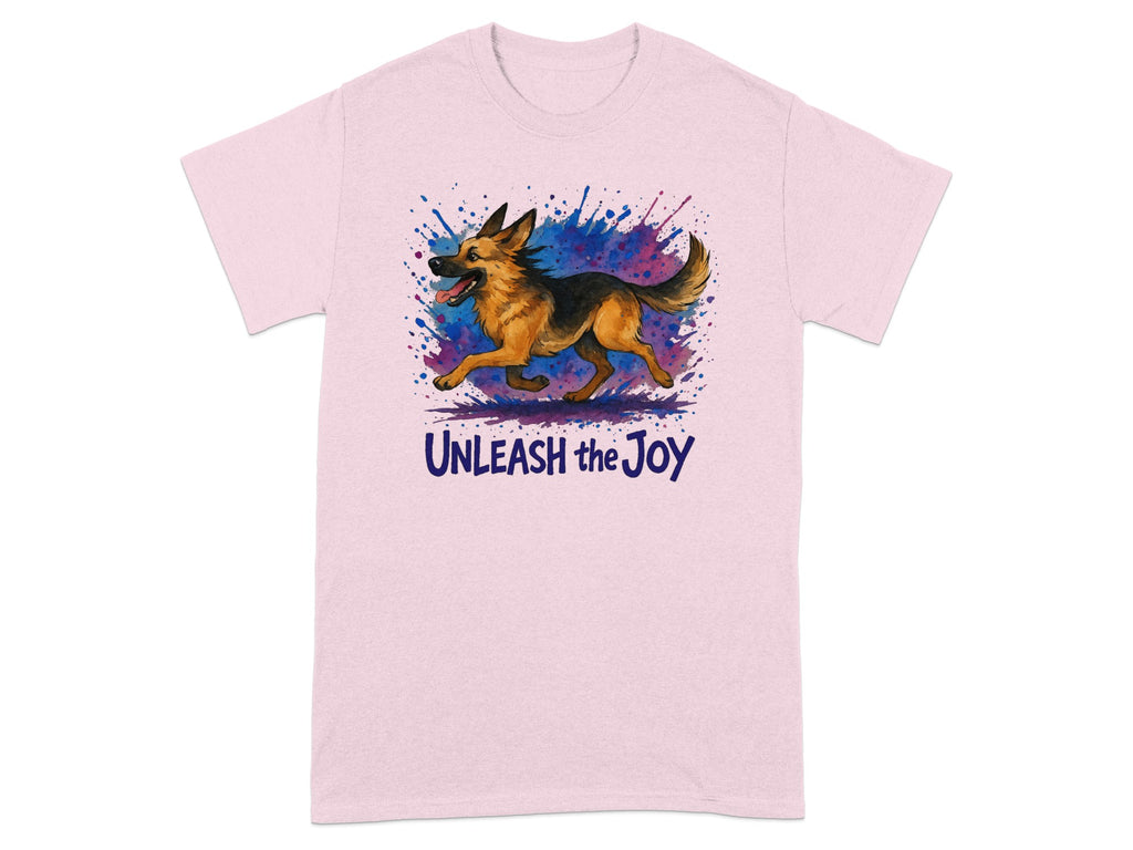Pink t-shirt with running German Shepherd and text "Unleash the Joy".