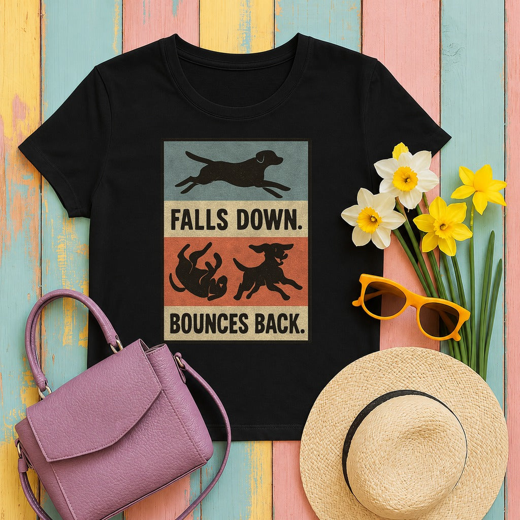 Chocolate Lab Falls Down Bounces Back T-shirt in Black