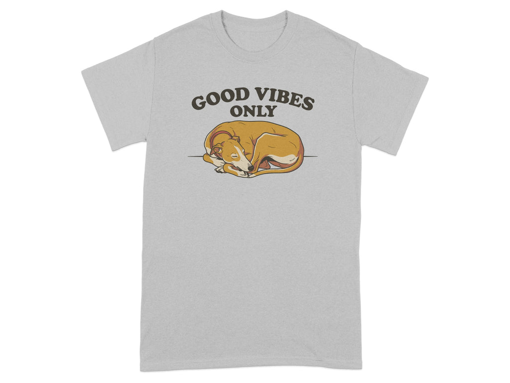 Grey t-shirt with a sleeping dog and "Good Vibes Only" text.
