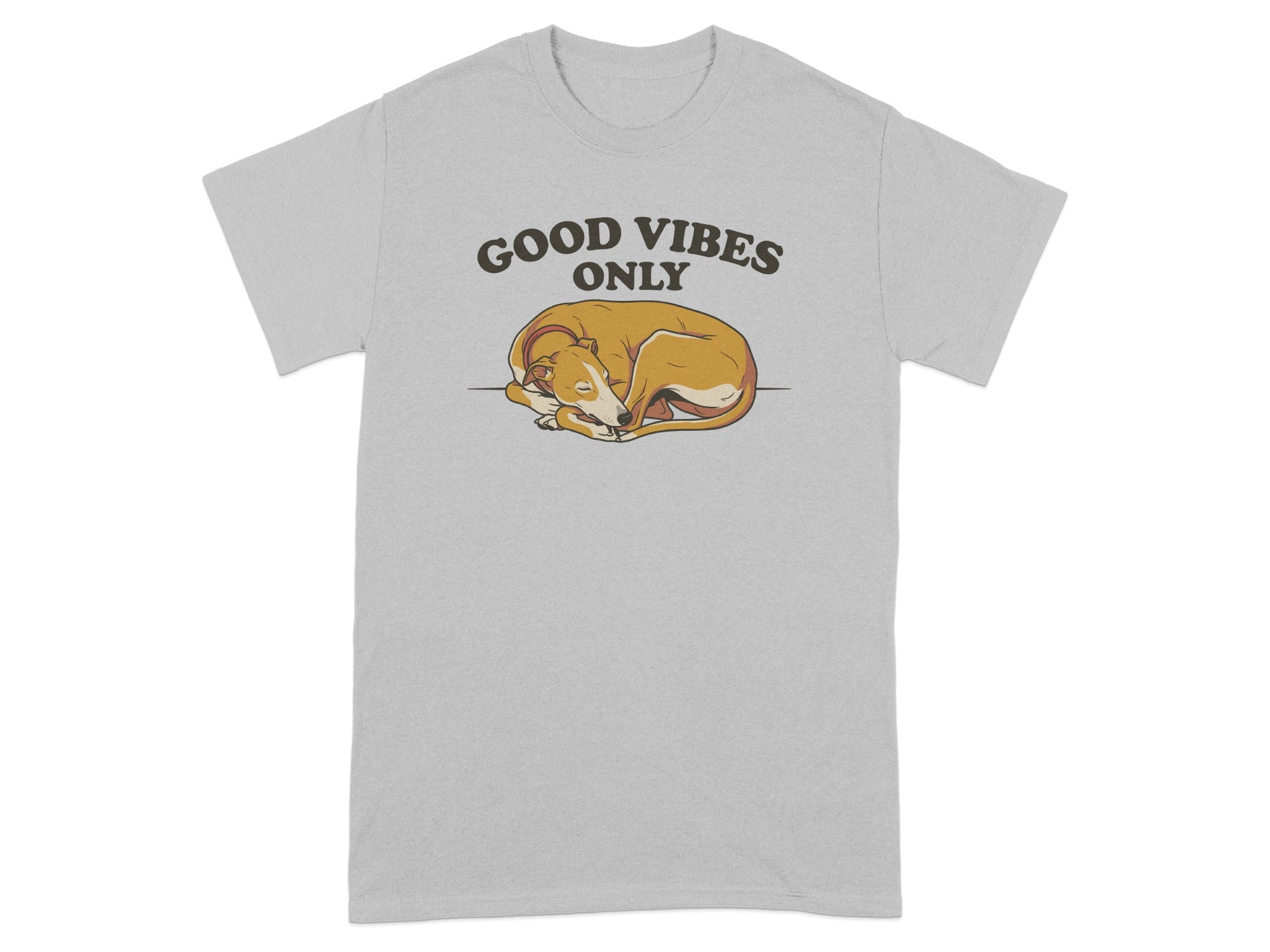 Grey t-shirt with a sleeping dog and "Good Vibes Only" text.