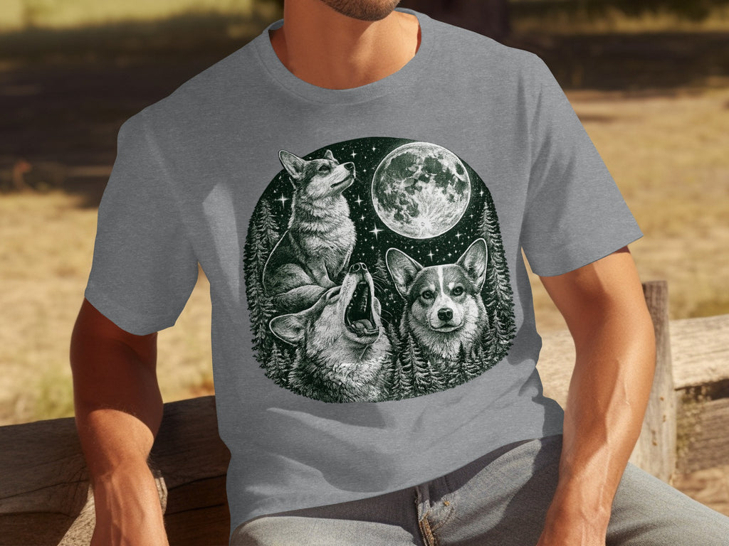 Three corgis with a moon and starry forest scene illustration on a gray t-shirt.