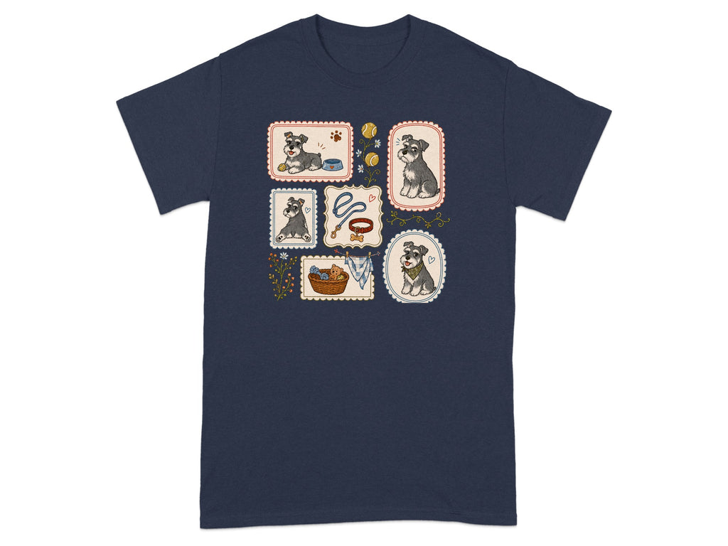 Navy t-shirt with a collage of six illustrations of schnauzer puppies.
