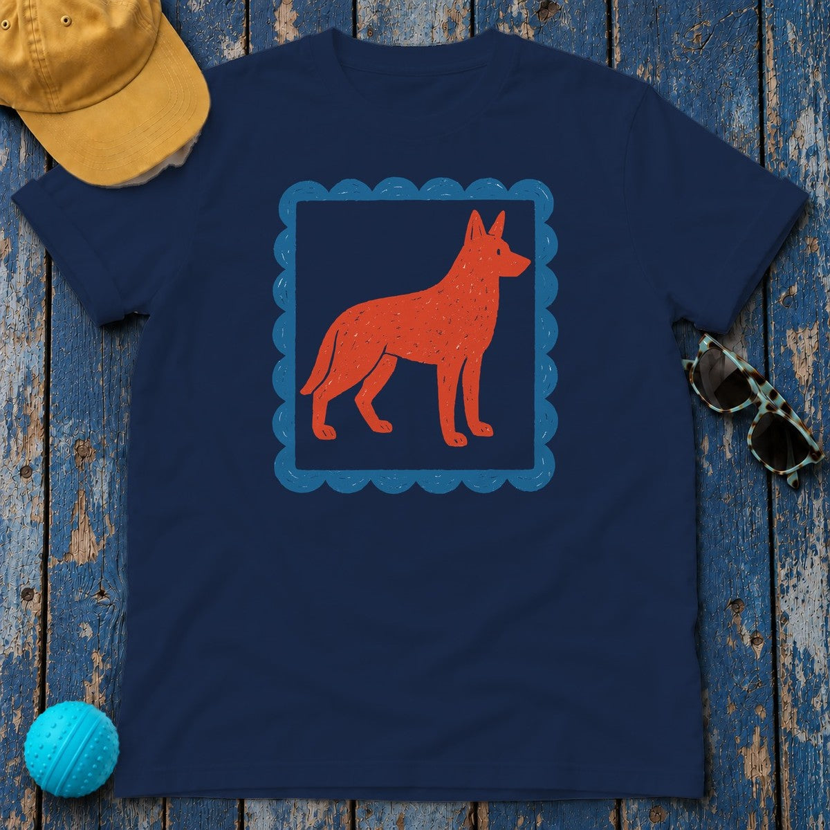 German Shepherd Stamp With Blue Border Decorative Design T-Shirt in Navy