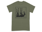 Olive green t-shirt with a black linocut illustration of a dog lying on its back.