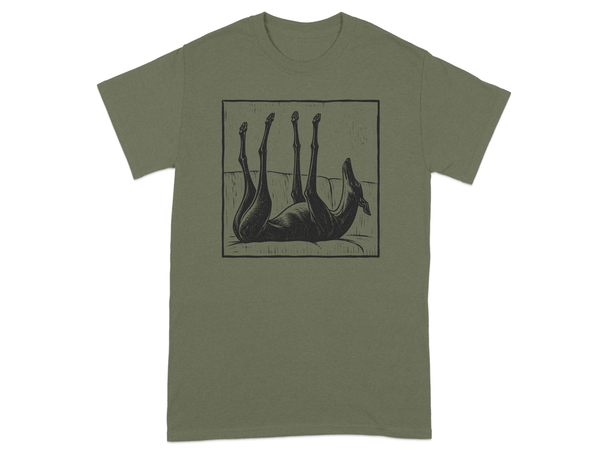 Olive green t-shirt with a black linocut illustration of a dog lying on its back.
