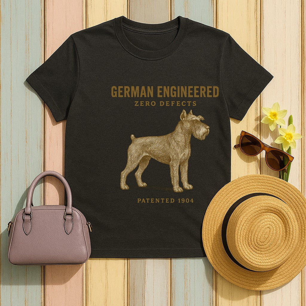 German Engineered Zero Defects Schnauzer tee — dark grey heather flat lay