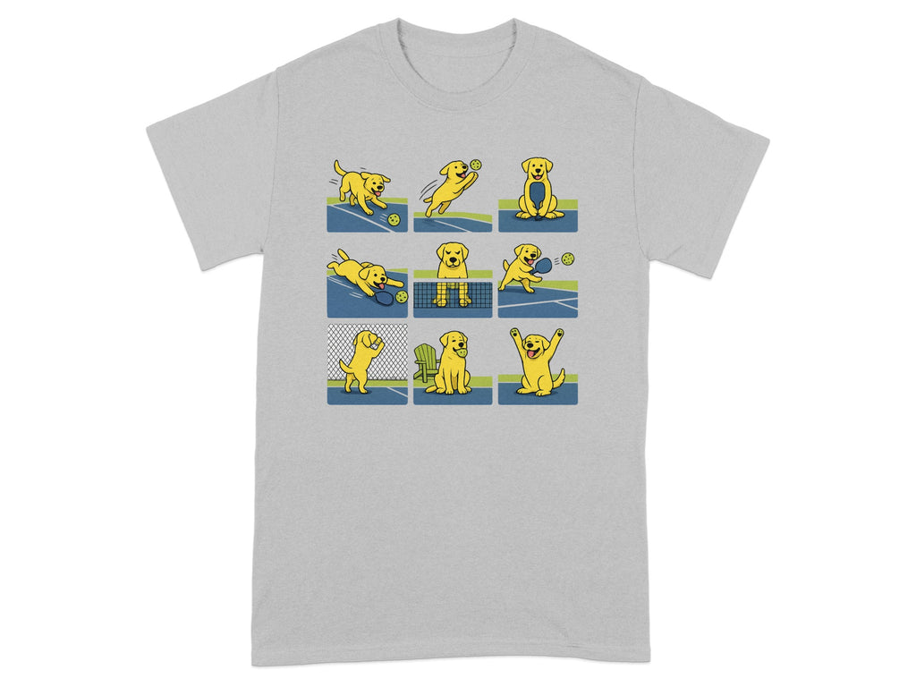 Yellow Labrador dog playing tennis in various poses on a tennis court.