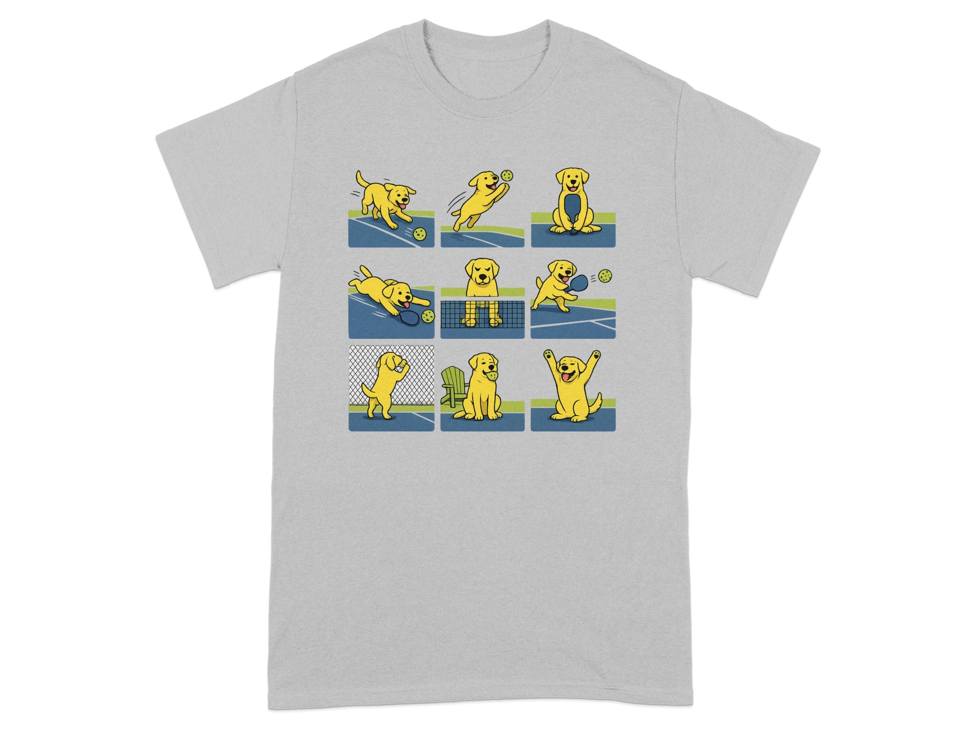 Yellow Labrador dog playing tennis in various poses on a tennis court.