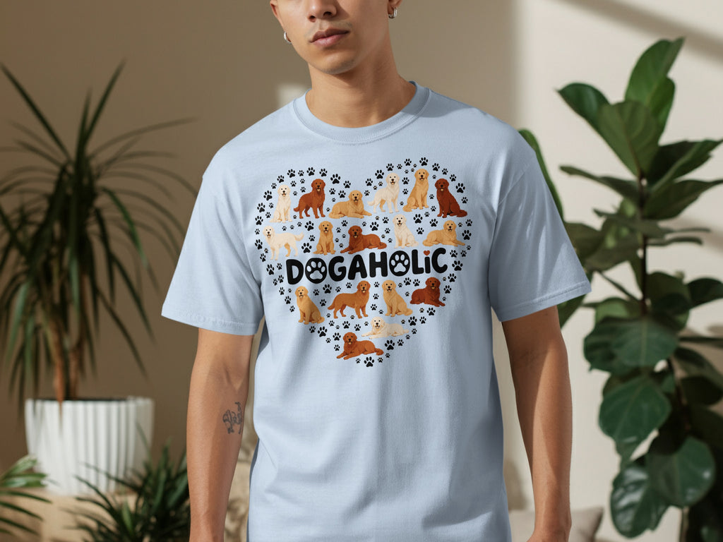 Light blue t-shirt with heart shape filled with various dog breeds and "Dogaholic" text.