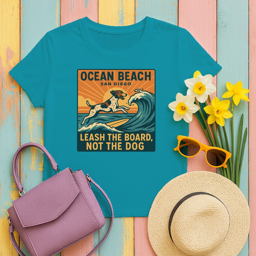 Ocean Beach San Diego Leash The Board Not The Dog German Shorthaired Pointer T-Shirt in Tropical Blue