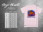 Gildan 5000 size chart with dog graphic reading "Unleash the Joy."