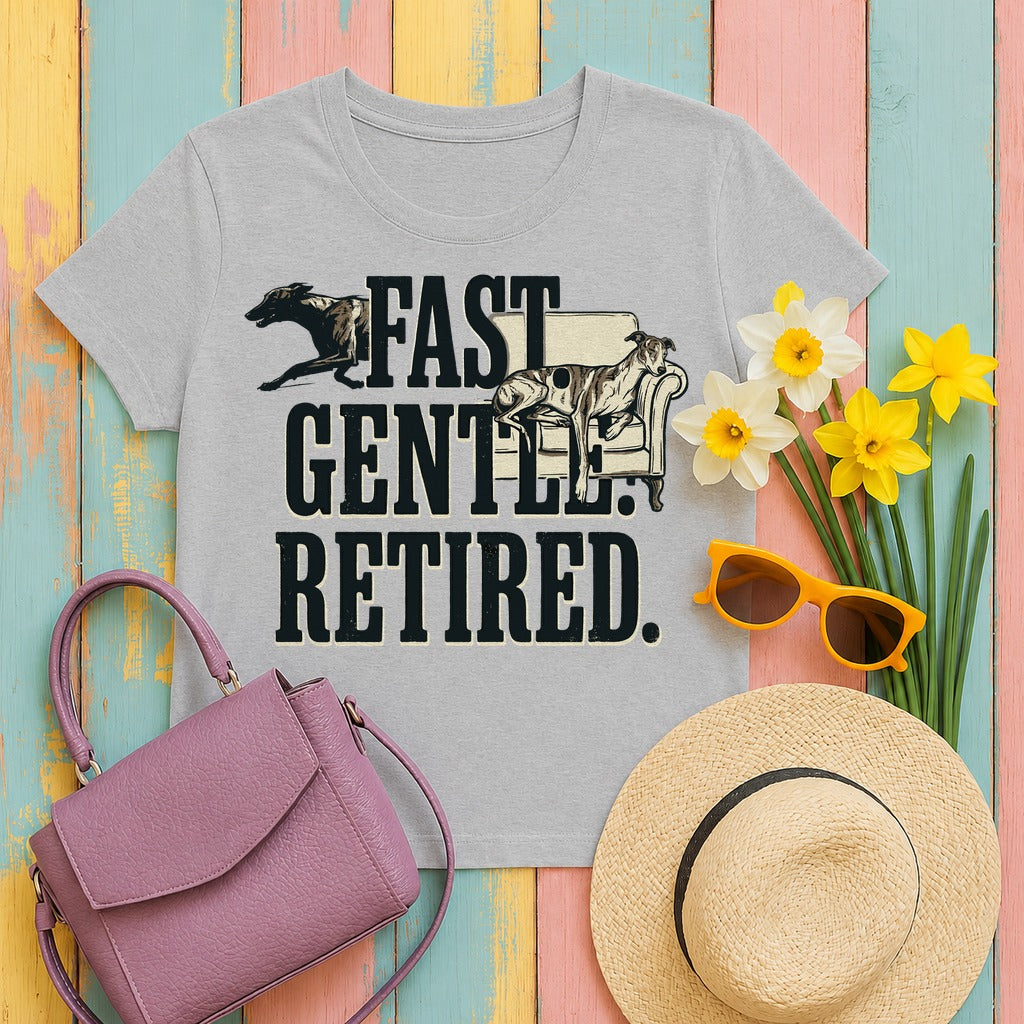 Fast. Gentle. Retired. Greyhound T-Shirt in Sport Grey