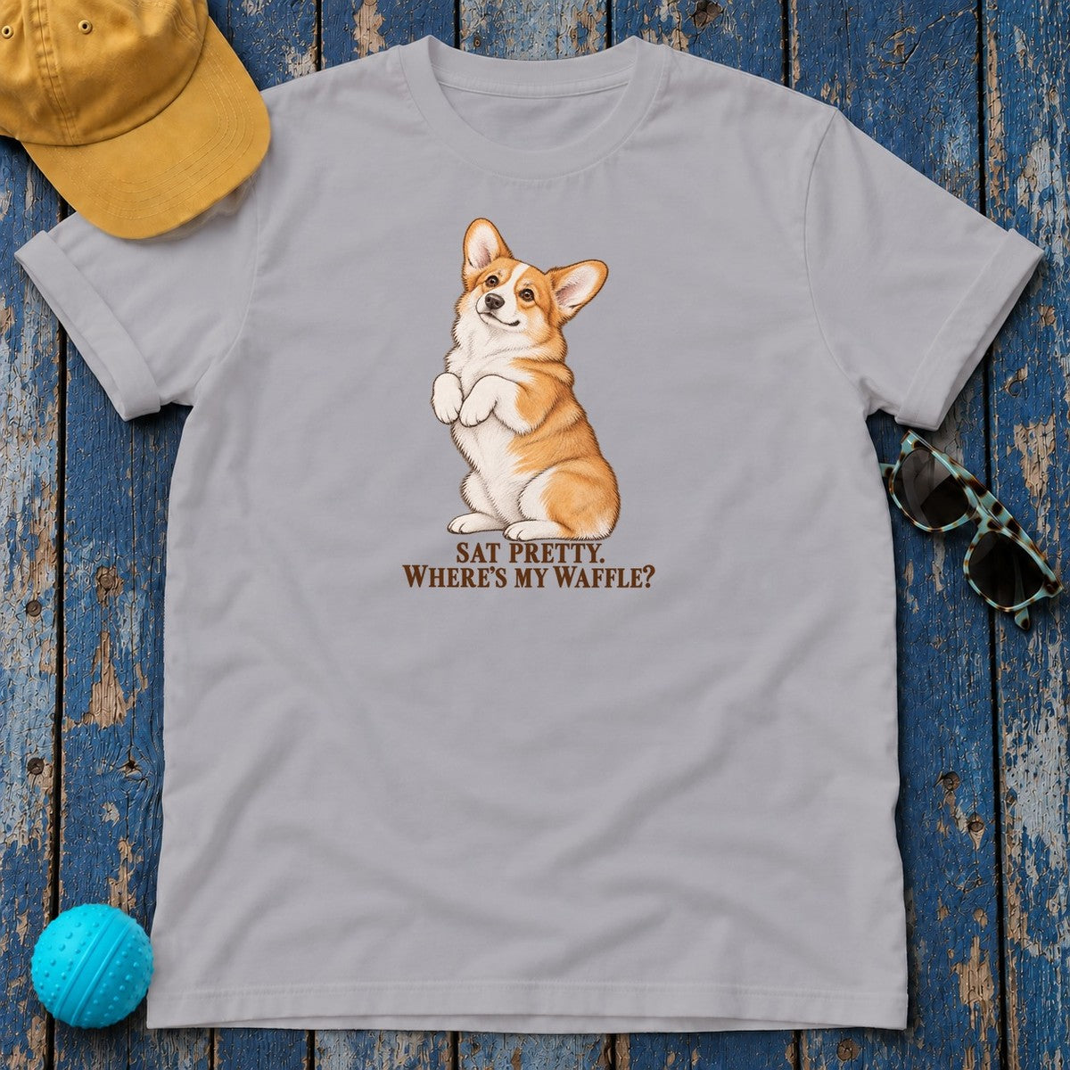 Sat Pretty Where's My Waffle Corgi T-Shirt in Athletic Heather - flat lay