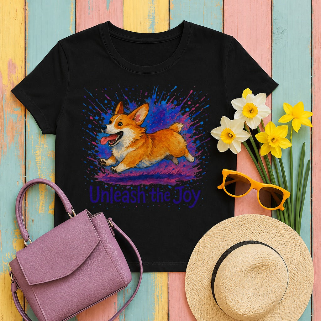 Unleash the Joy Playful Corgi Illustration T-Shirts in Black