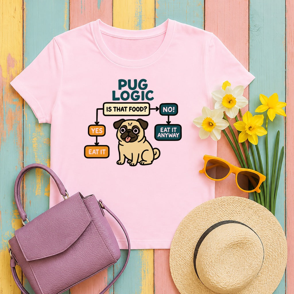 Pug Logic Flowchart Humor T-Shirt in Light Pink