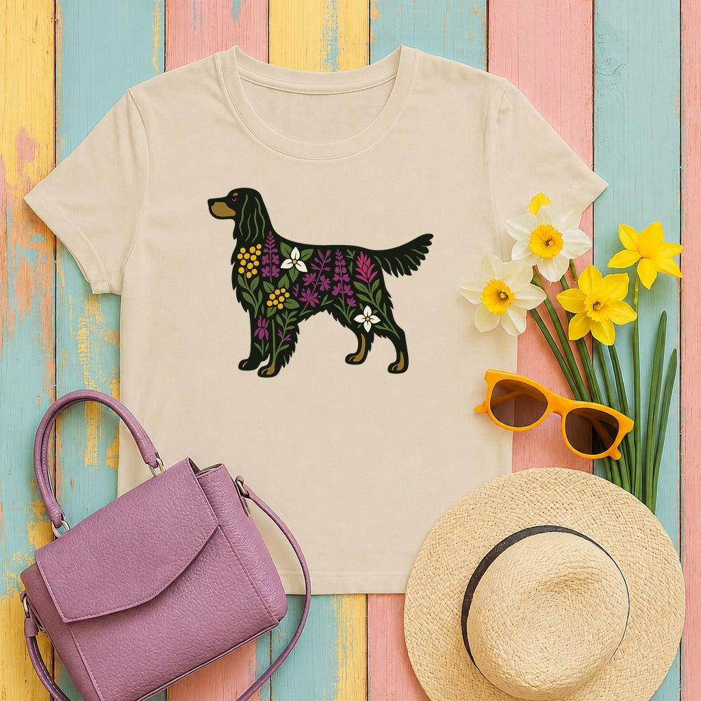 Floral Silhouette of a Black Gordon Setter Elegant Design T-Shirt in Sand