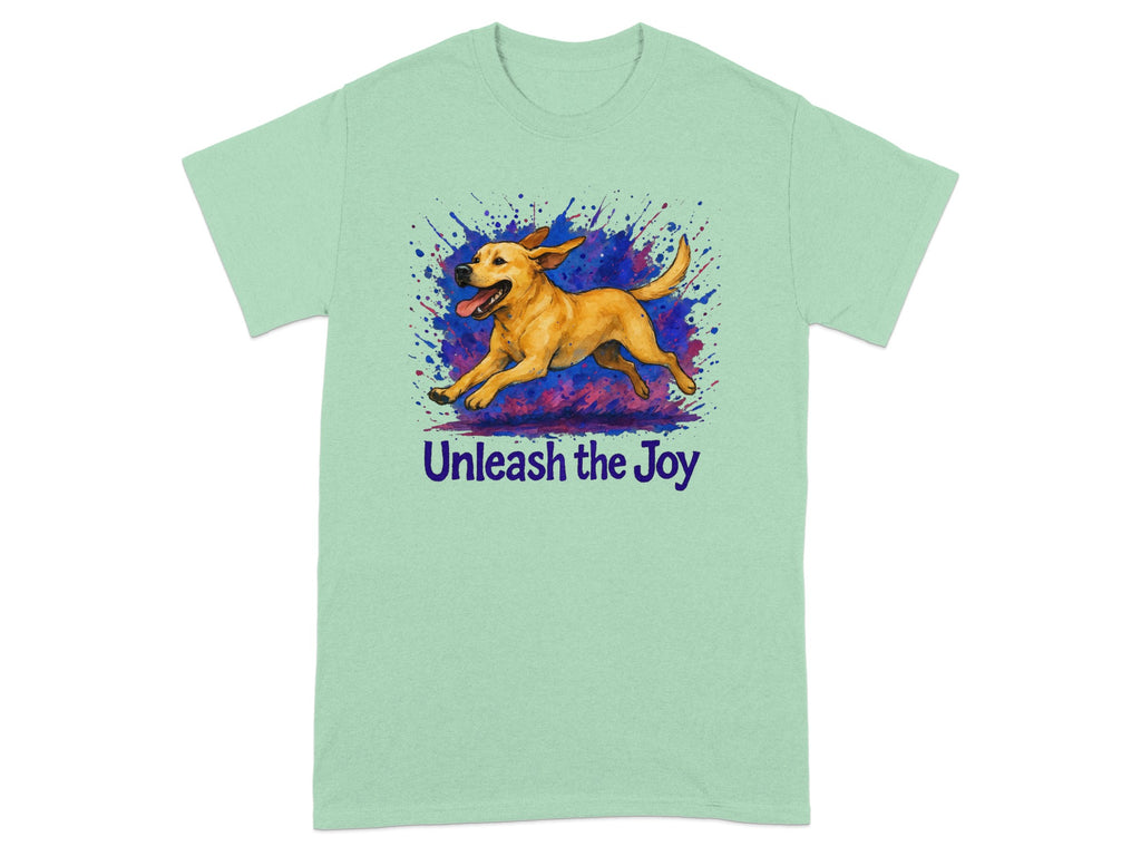 Light green t-shirt with a running dog graphic and "Unleash the Joy" text.