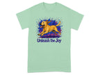 Light green t-shirt with a running dog graphic and "Unleash the Joy" text.