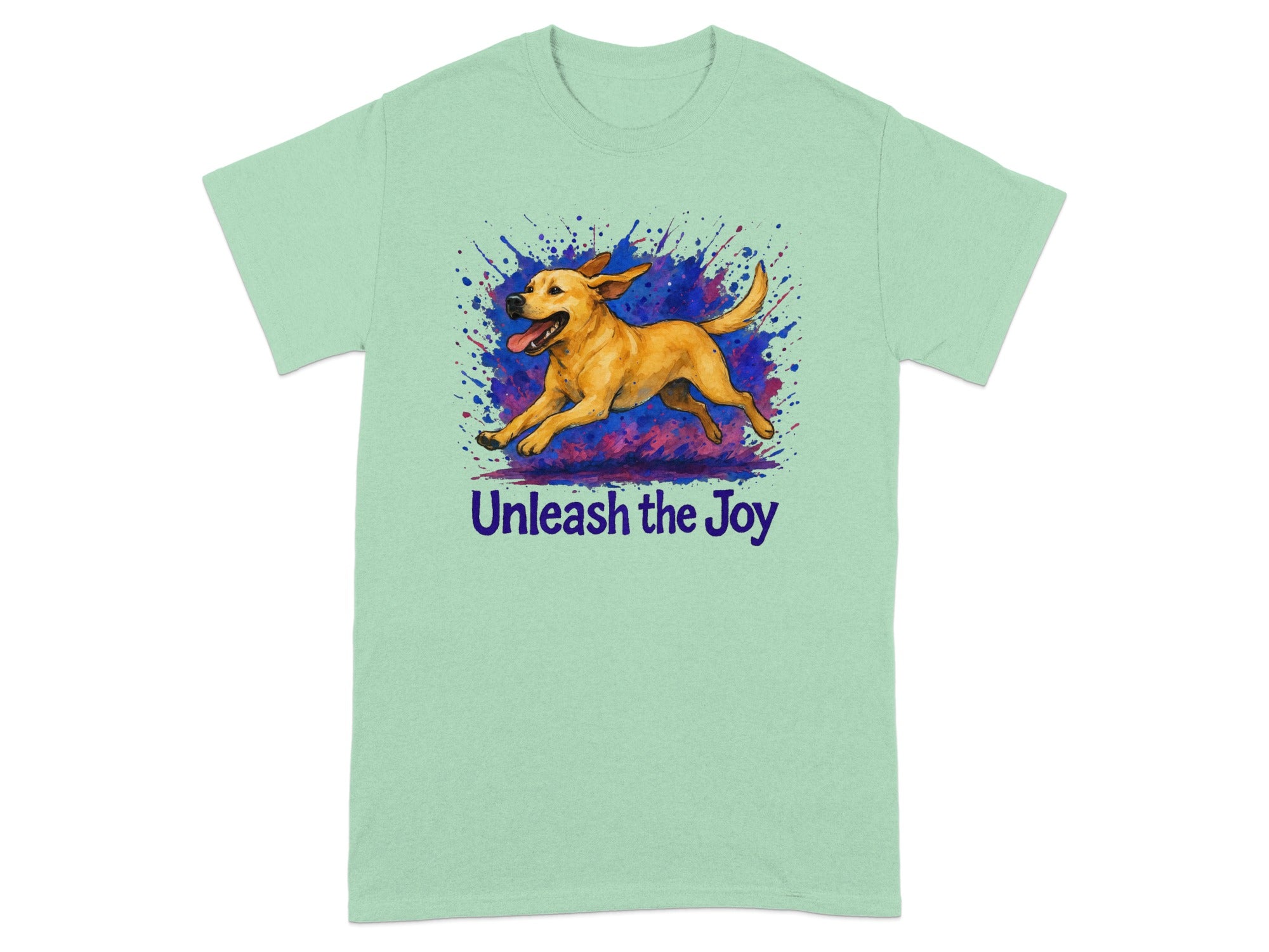 Light green t-shirt with a running dog graphic and "Unleash the Joy" text.