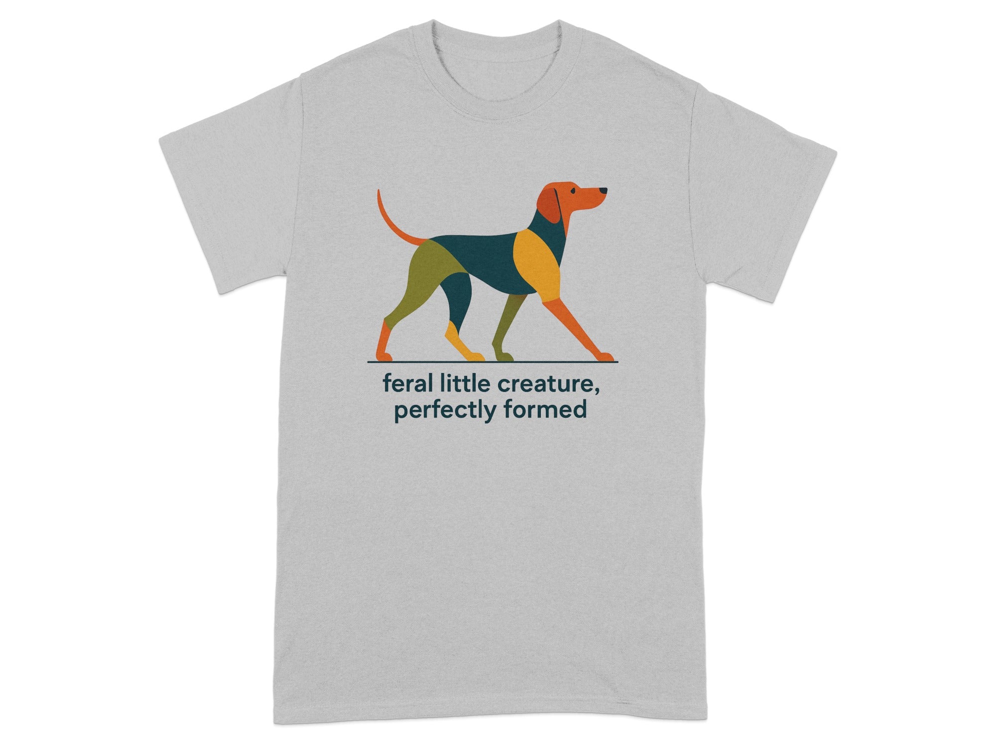 Grey t-shirt with abstract dog graphic and text "feral little creature, perfectly formed."