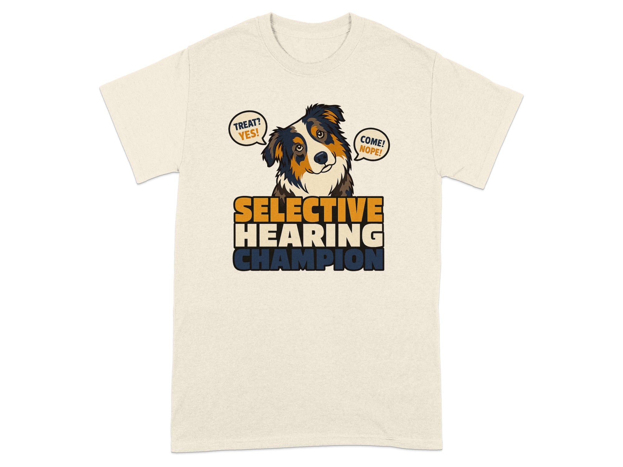 T-shirt with dog graphic and text "SELECTIVE HEARING CHAMPION".