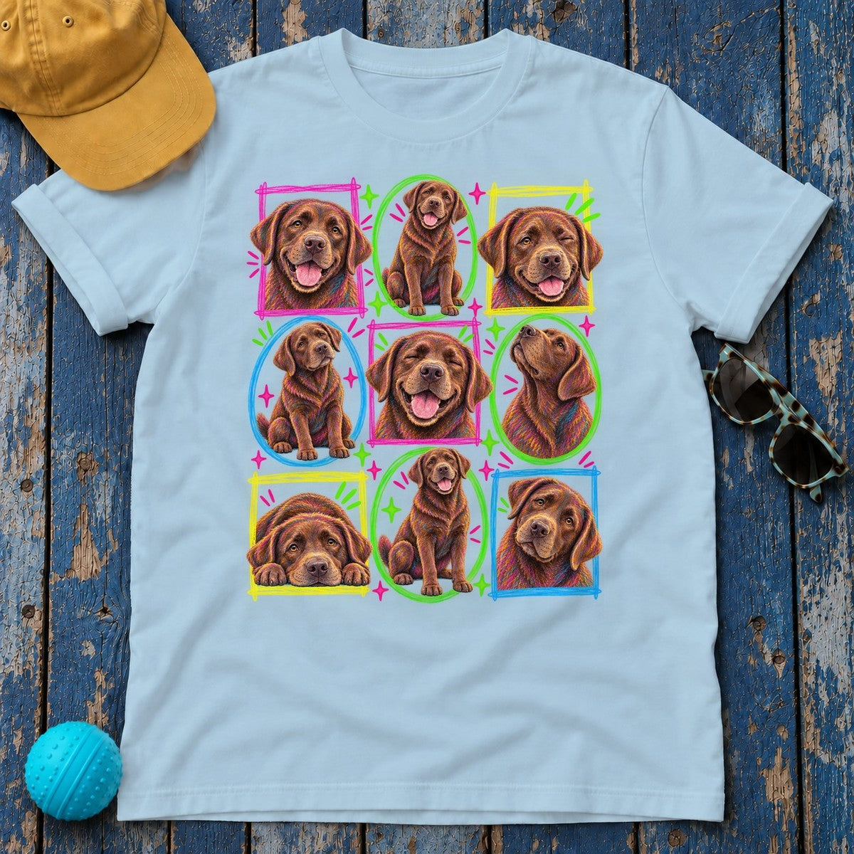 Neon Chocolate Labrador Collage T-Shirt — Light Blue