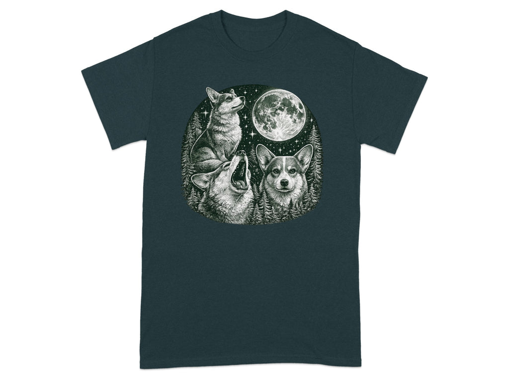 Three corgis and a wolf howling at a moon and stars in a forest.