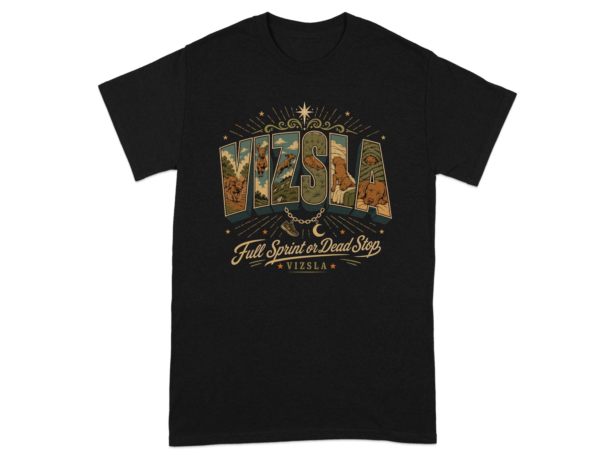 Black t-shirt with "Vizsla Full Sprint or Dead Stop" graphic featuring dog artwork.
