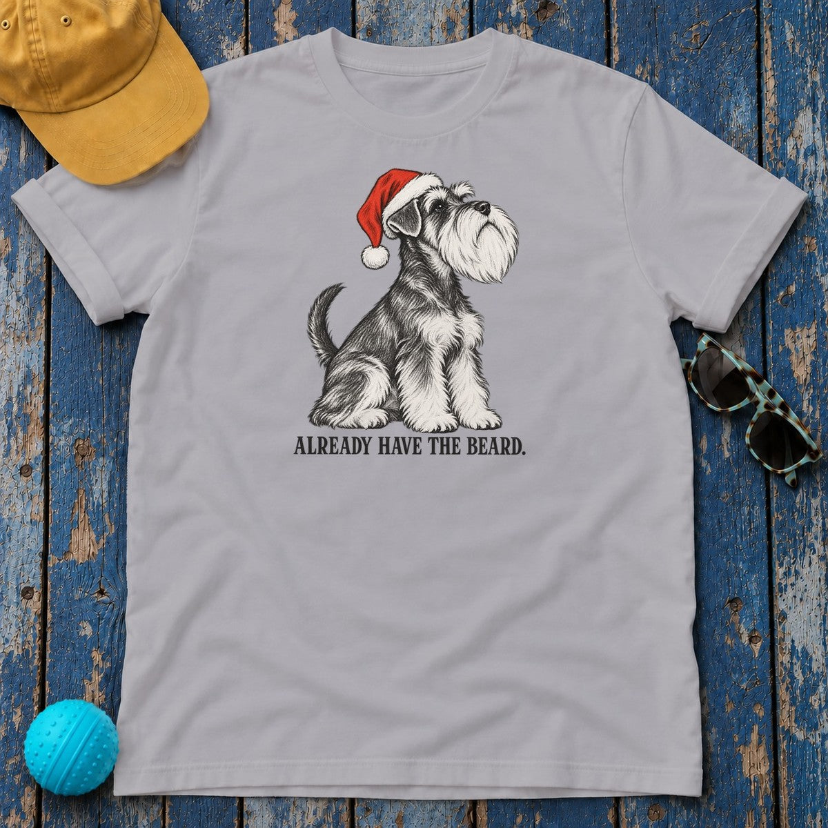 Already Have the Beard Schnauzer Santa T-Shirt in Athletic Heather - flat lay