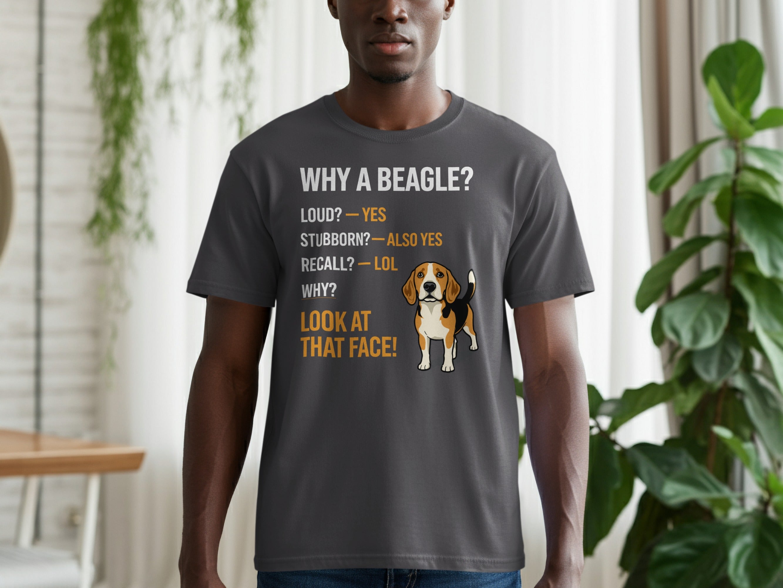 Dark grey t-shirt with beagle graphic and humorous text about beagles.