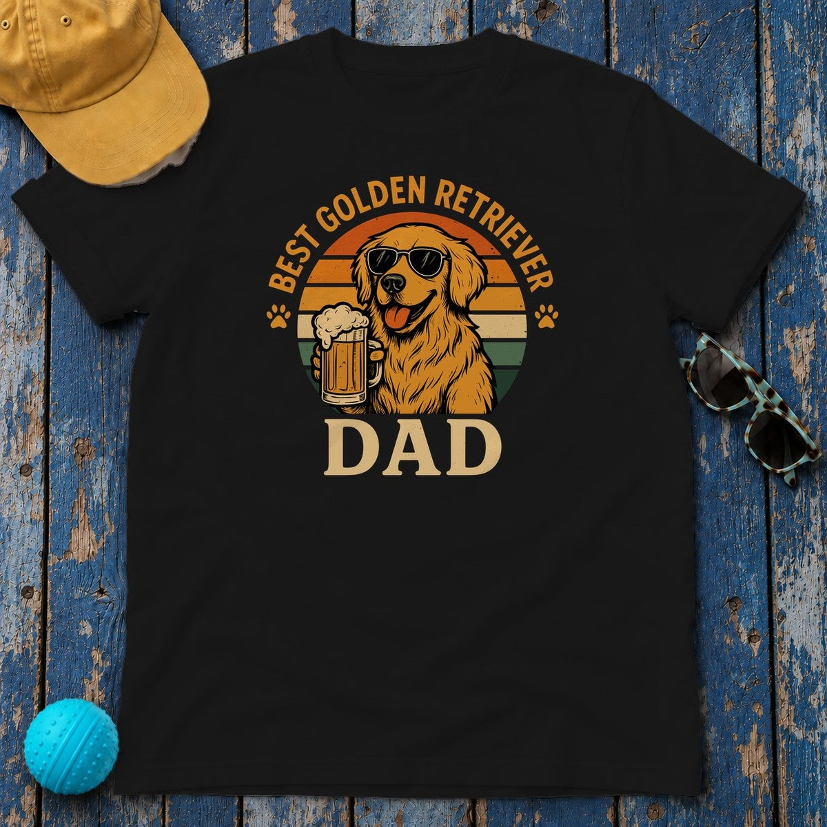 Best Golden Retriever Dad with Beer and Shades T-Shirt in Black