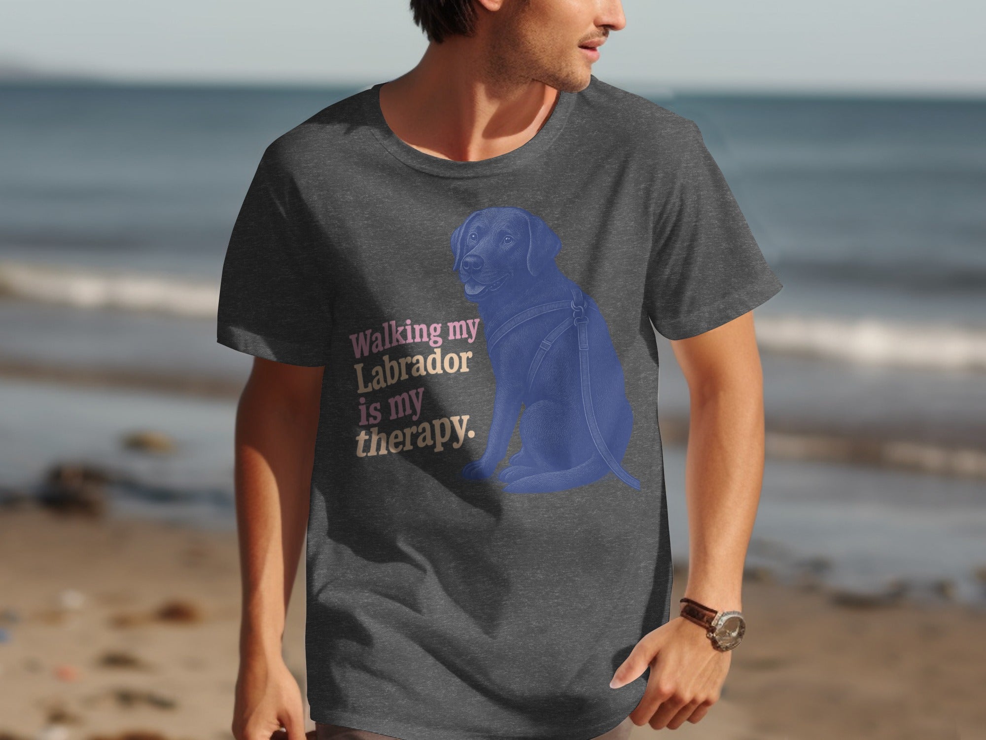 Dark grey t-shirt with a blue Labrador and text "Walking my Labrador is my therapy".