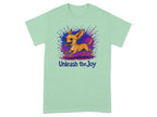Light green t-shirt with running chihuahua and text "Unleash the Joy".