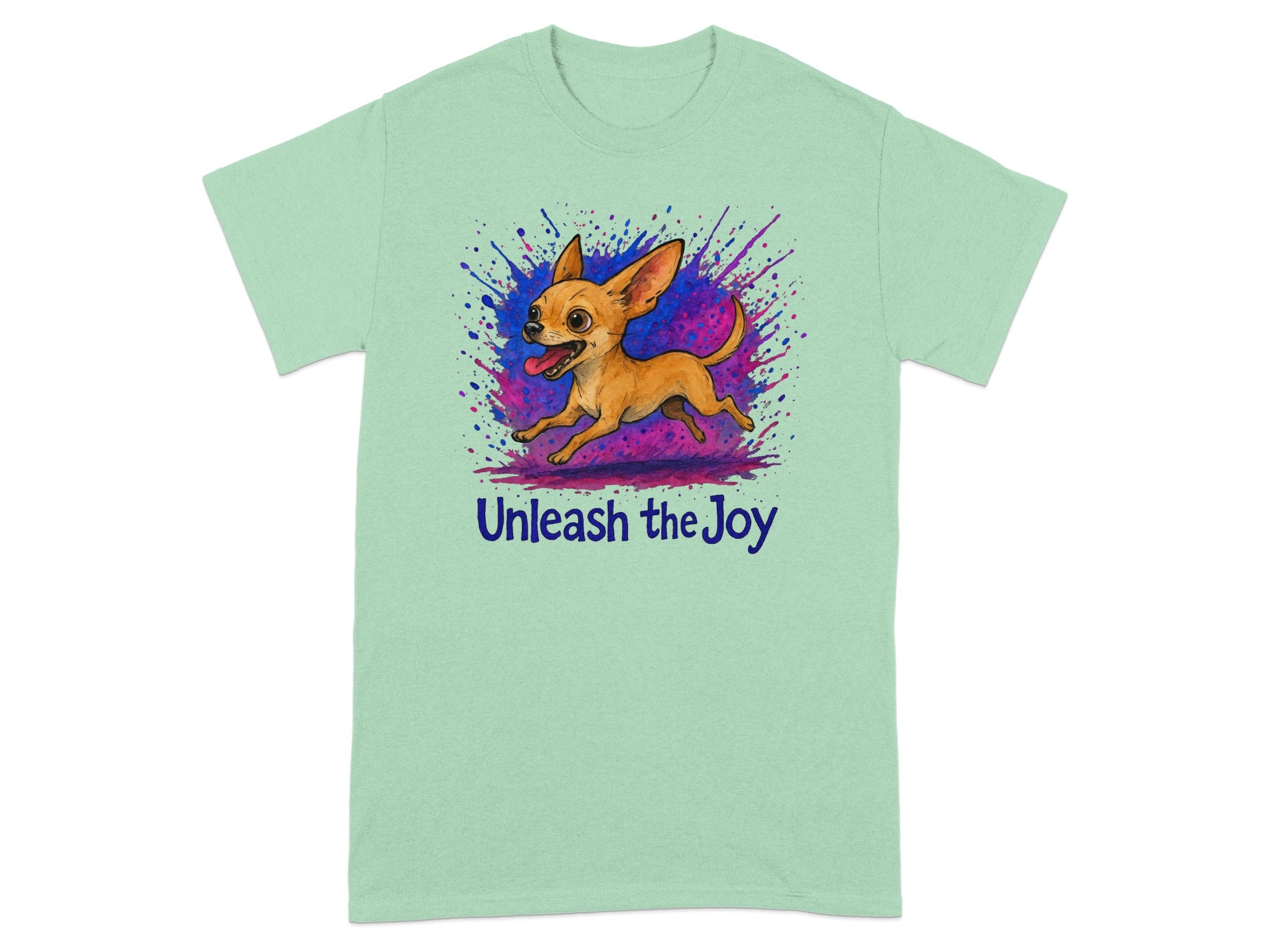 Light green t-shirt with running chihuahua and text "Unleash the Joy".