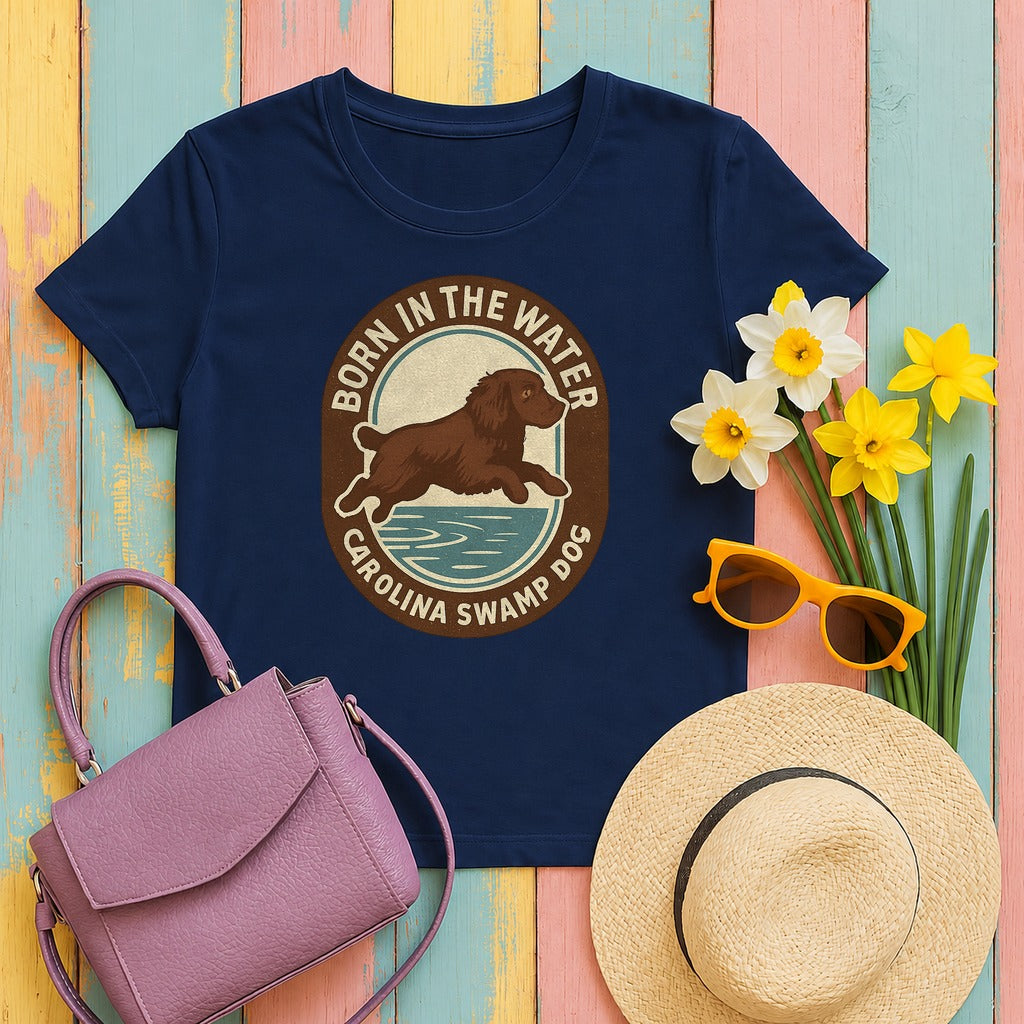 Boykin Spaniel Born in the Water T-shirt in Navy