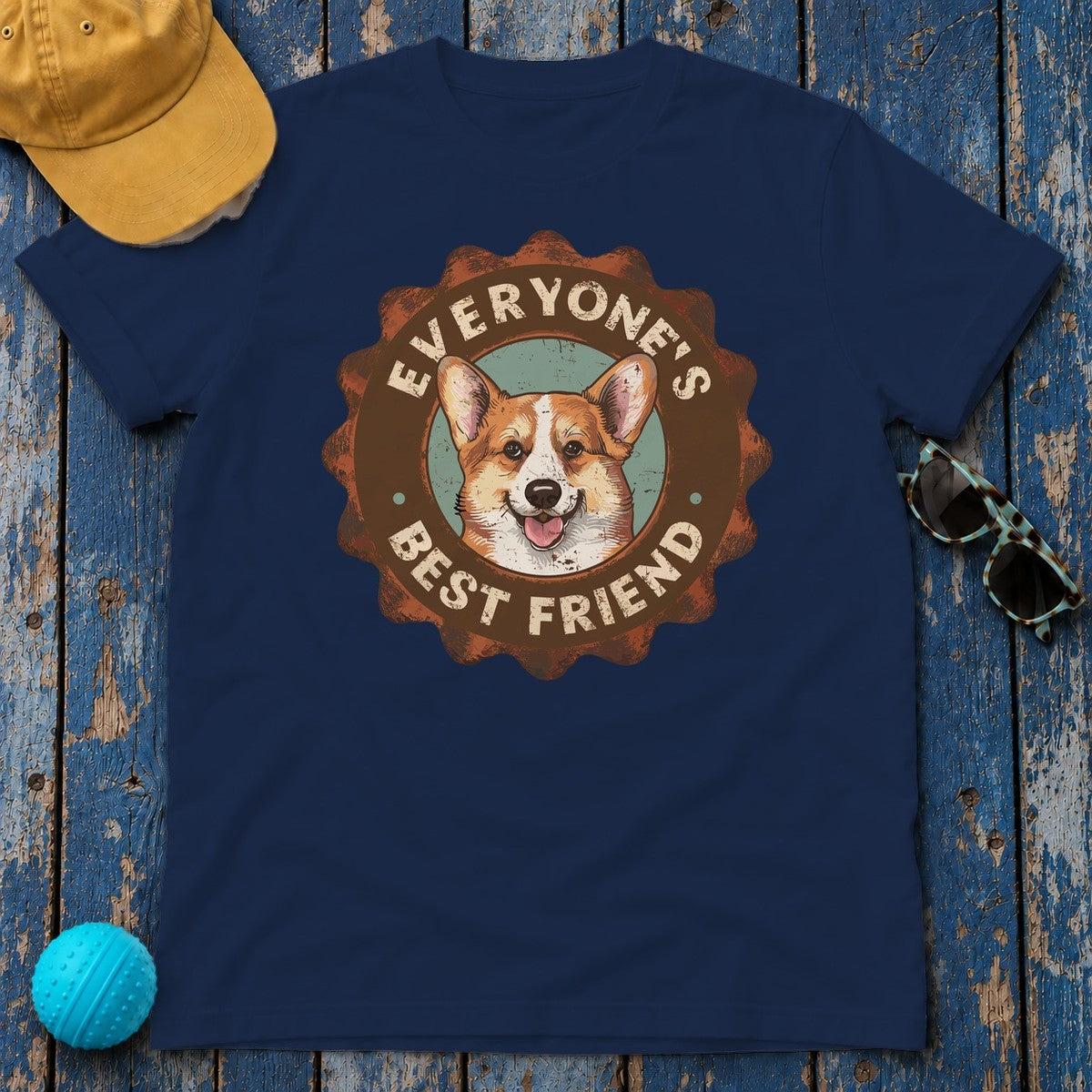 Everyone's Best Friend Corgi Dog With Sign Design T-Shirt in Navy