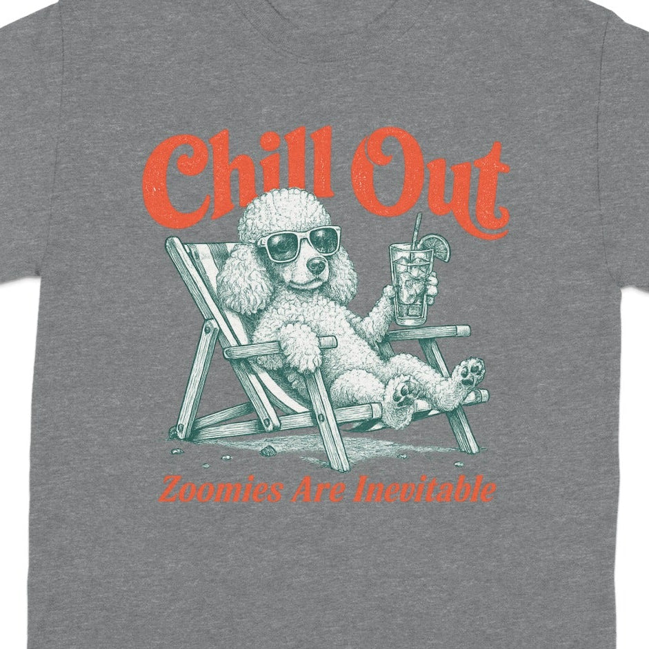White poodle in sunglasses relaxes in a beach chair with a drink.