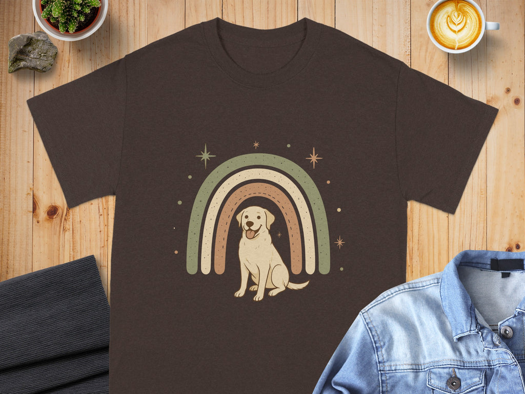 Adorable Dog with Rainbow Print on Cozy T-Shirt Product