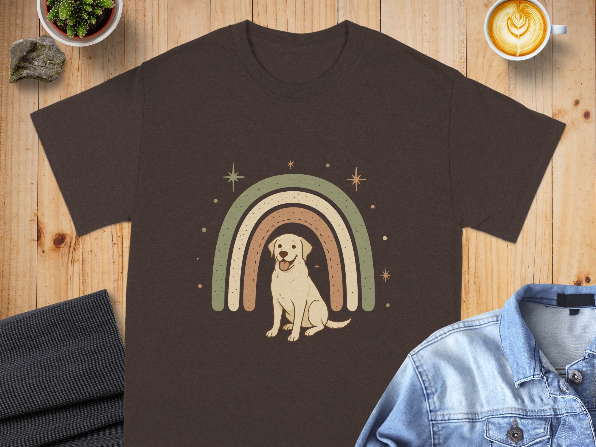 Adorable Dog with Rainbow Print on Cozy T-Shirt Product