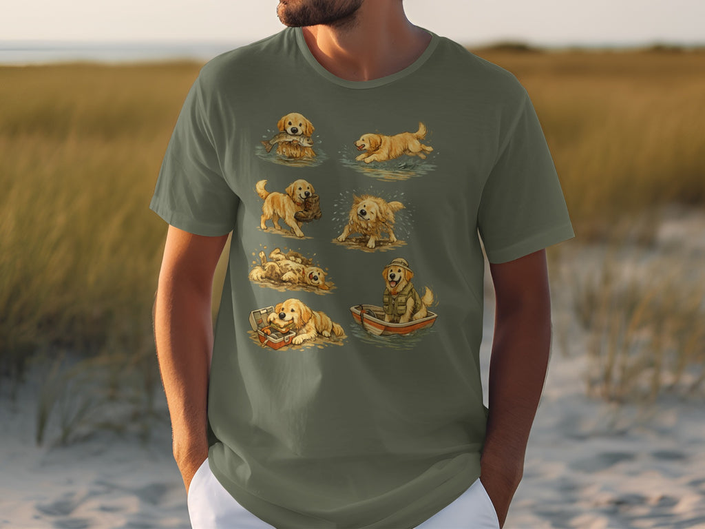 T-shirt with a print of seven golden retrievers in various playful and aquatic activities.