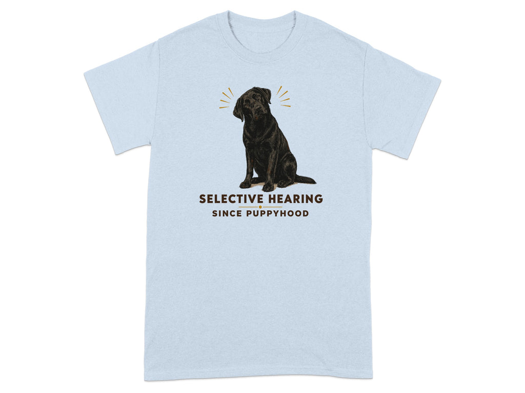 Light blue t-shirt with a black Labrador and "Selective Hearing Since Puppyhood" text.