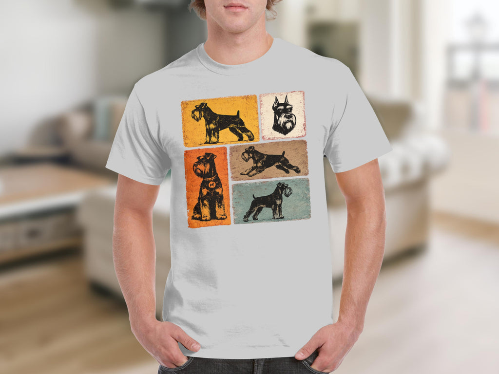 T-shirt with a collage of five vintage-style Schnauzer dog illustrations on a blank background.