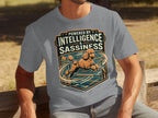 Gray t-shirt with "Powered by Intelligence & Sassiness" and a jumping poodle.