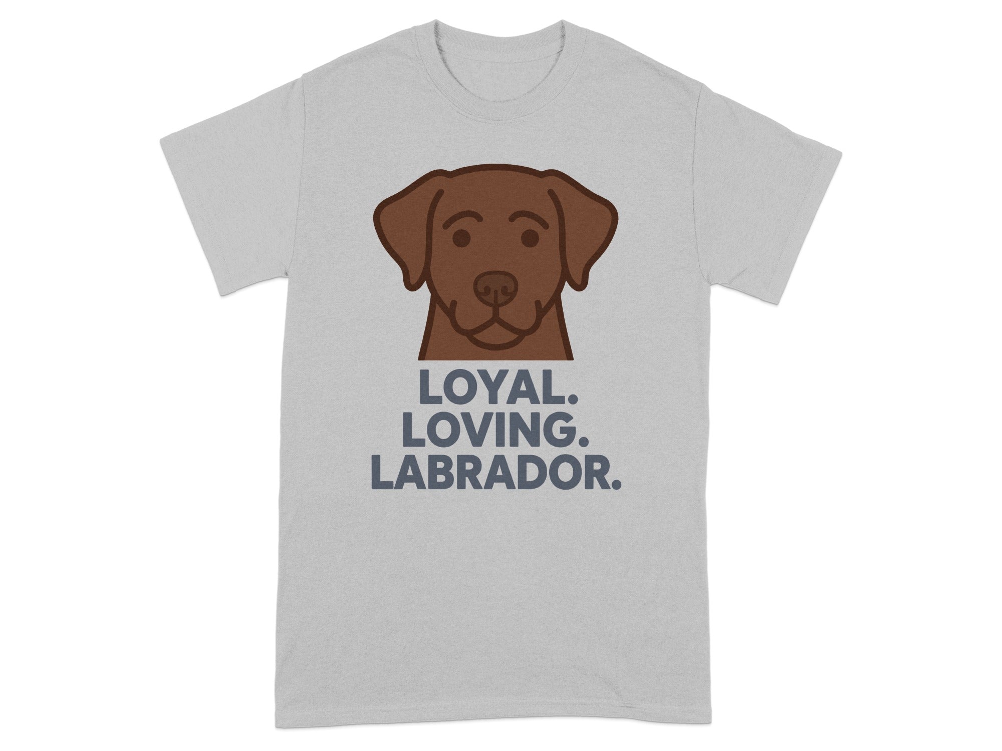 Gray t-shirt with a brown Labrador dog head and text "LOYAL. LOVING. LABRADOR."